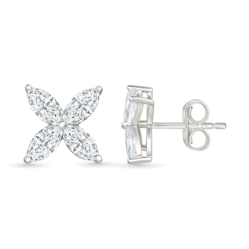 Marquise Cut Diamond Floral Stud Earrings 14k White Gold