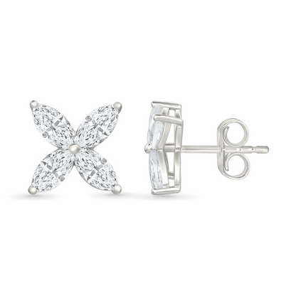 Marquise Cut Diamond Floral Stud Earrings 14k White Gold