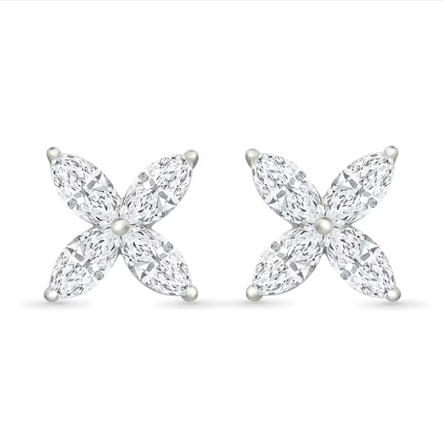 Marquise Cut Diamond Floral Stud Earrings 14k White Gold