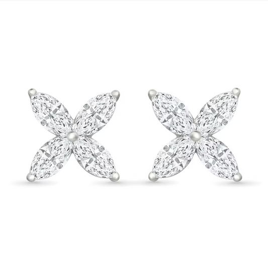 Marquise Cut Diamond Floral Stud Earrings 14k White Gold