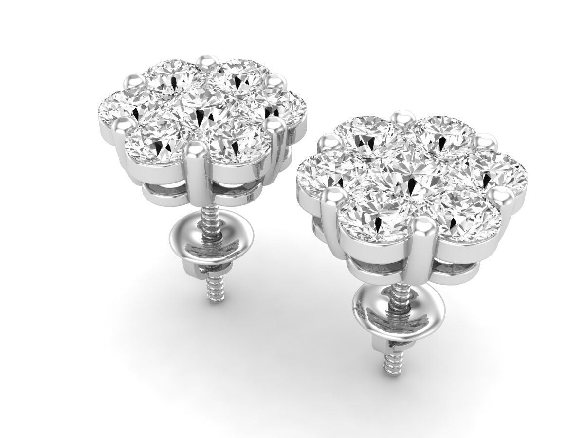 Round Diamond Cluster Stud Earrings 10k White Gold