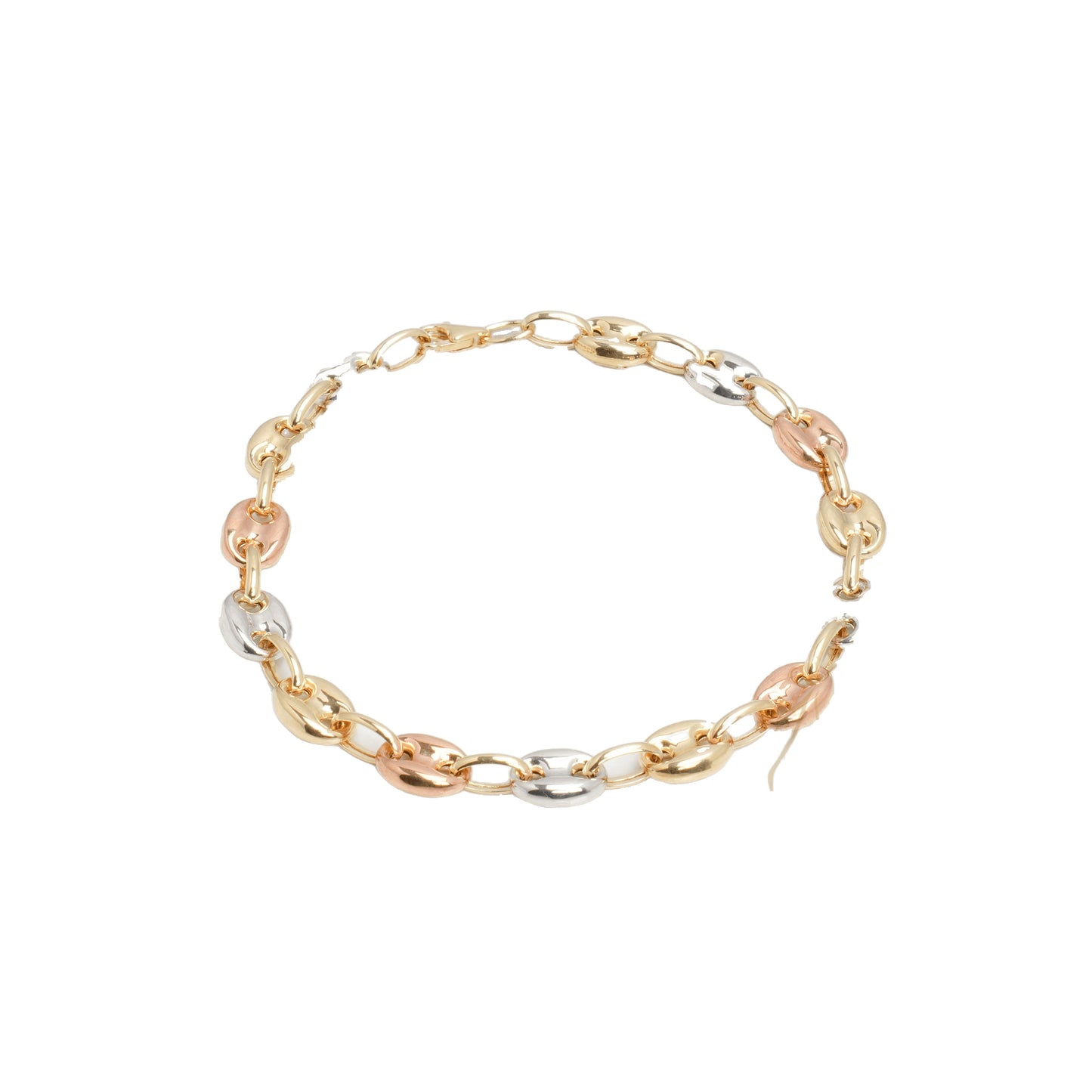 10K Tri-Tone Yellow, White & Rose Gold Puffed Anchor 7.6mm Bracelet