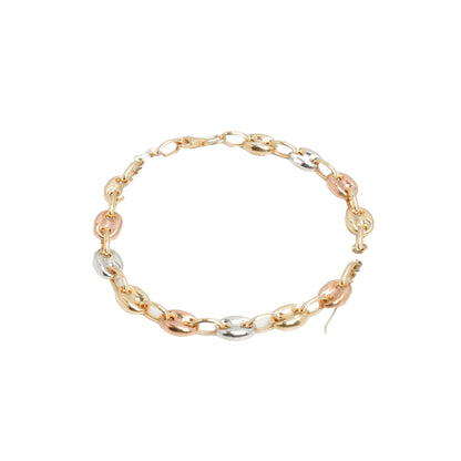 10K Tri-Tone Yellow, White & Rose Gold Puffed Anchor 7.6mm Bracelet