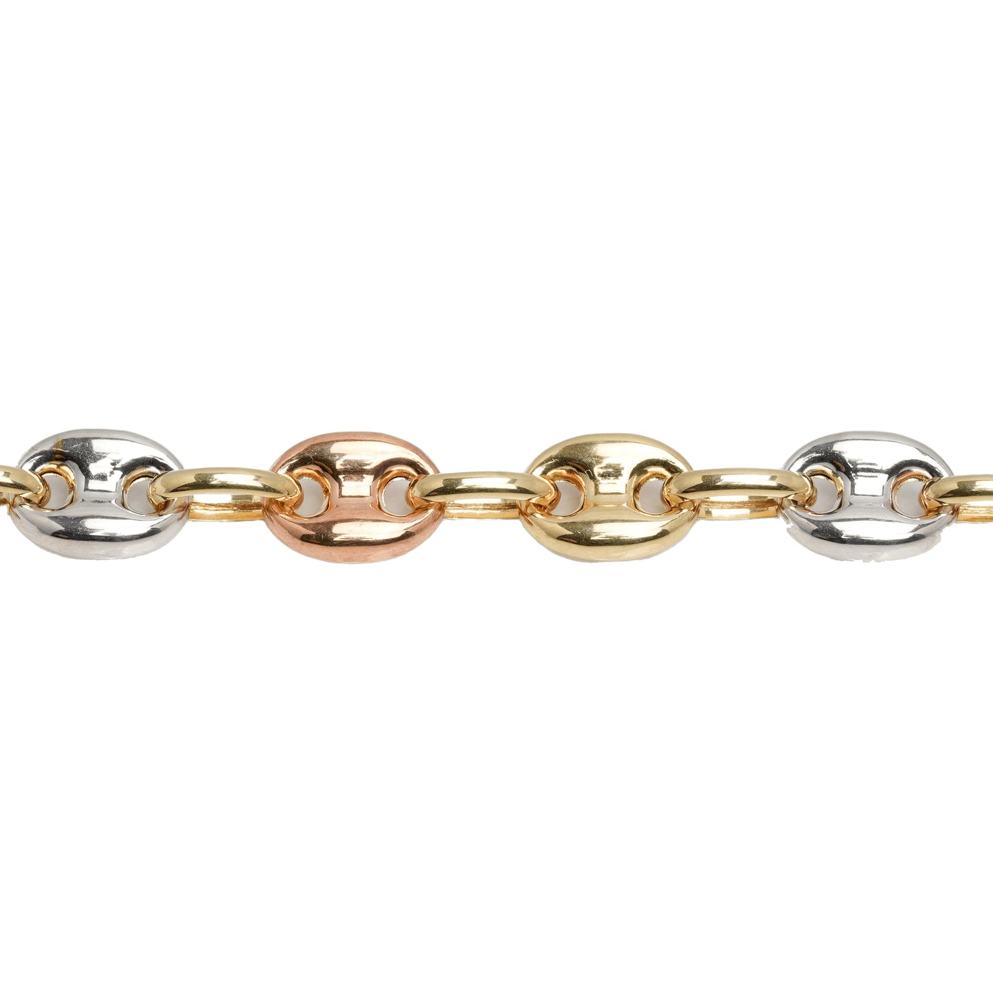 10K Tri-Tone Yellow, White & Rose Gold Puffed Anchor 7.6mm Bracelet