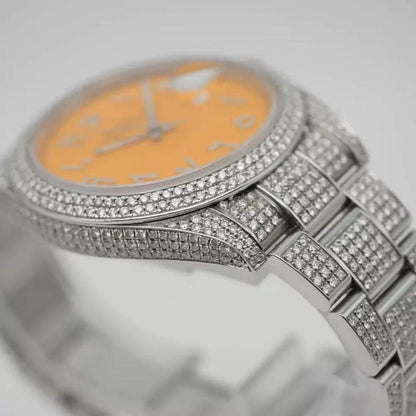 Ro 41MM Moissanite Watch Orange Dial Silver