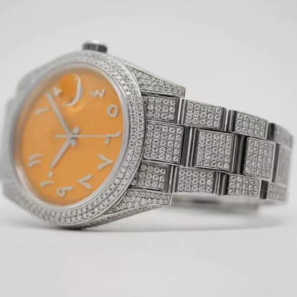 Ro 41MM Moissanite Watch Orange Dial Silver