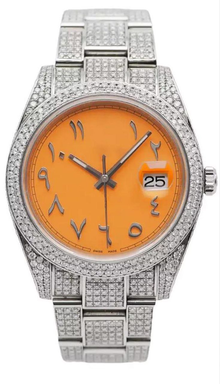 Ro 41MM Moissanite Watch Orange Dial Silver