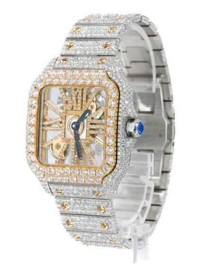 Ca 41MM Moissanite Watch Skeleton Dial Silver & Gold