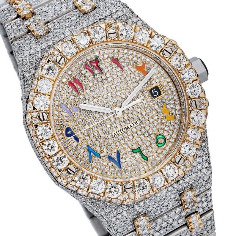 AP 41MM Moissanite Watch Rainbow Dial Silver & Gold