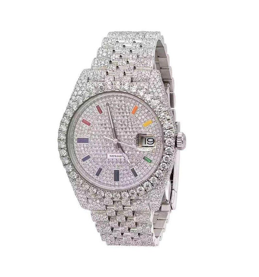 Ro 41MM Moissanite Watch Rainbow Dial Silver