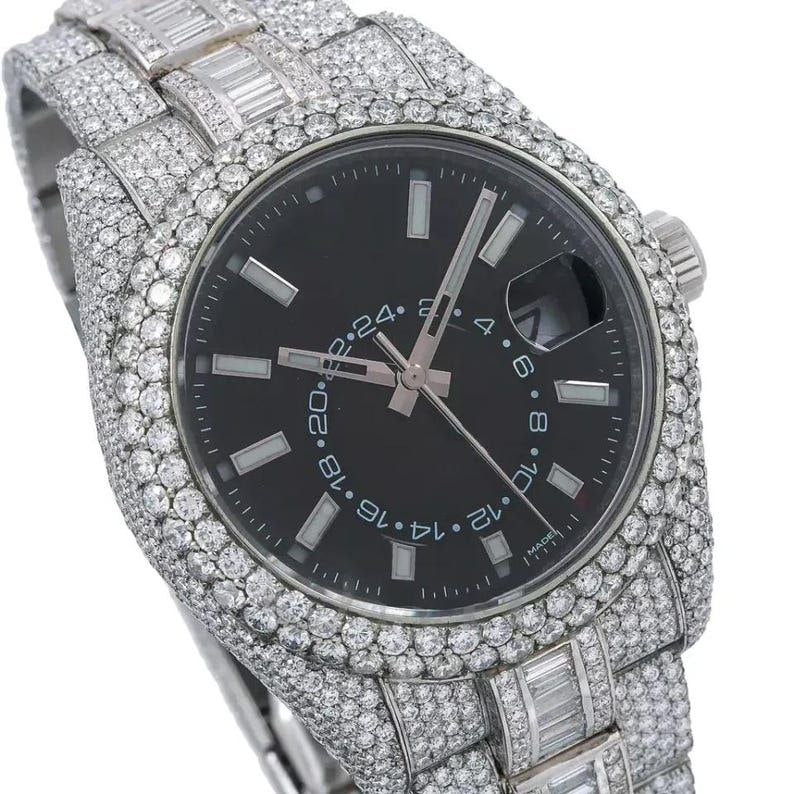 Ro 41MM Moissanite Watch Black Dial Silver