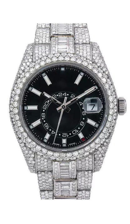 Ro 41MM Moissanite Watch Black Dial Silver