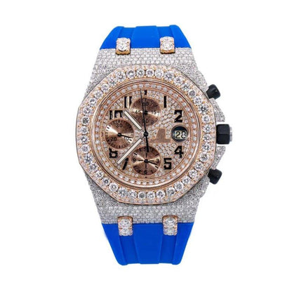 41MM Moissanite Watch Silver/Rose Blue Band