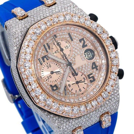 41MM Moissanite Watch Silver/Rose Blue Band