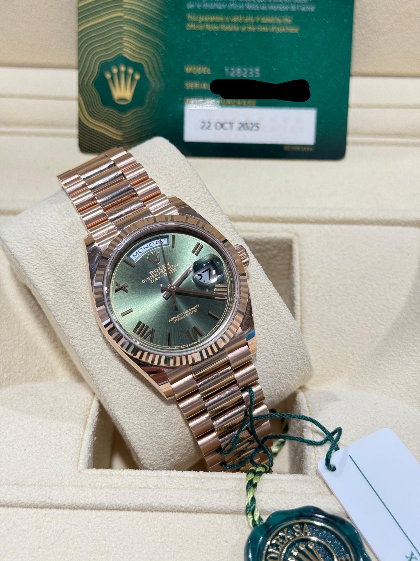 ROLEX DAY-DATE 36MM – OLIVE GREEN PRESIDENT ROSE GOLD