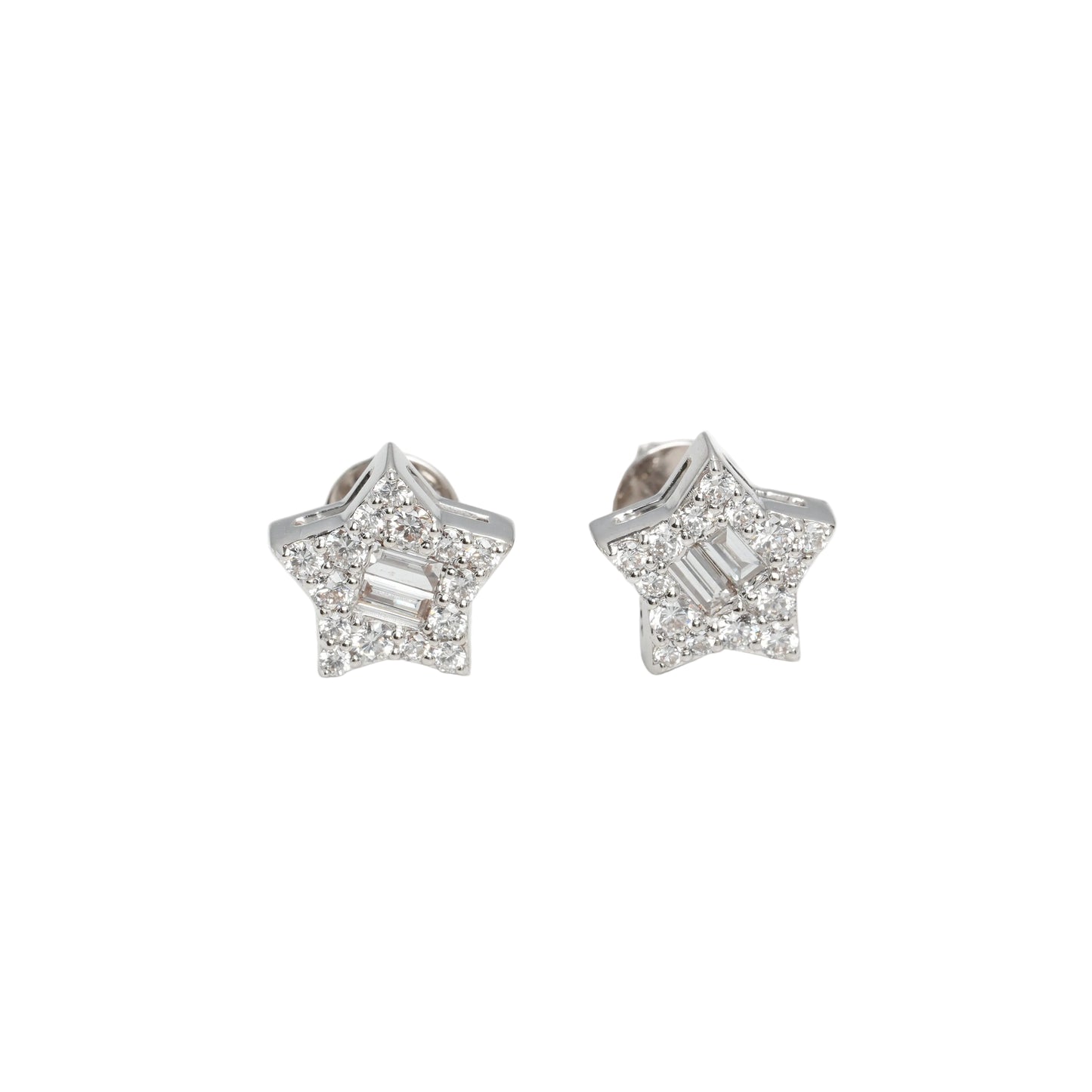 10k White Gold Lab Diamond Star Screw-Back Stud Earrings – Round & Baguette 0.38CT & 0.20CT VVS