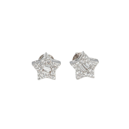 10k White Gold Lab Diamond Star Screw-Back Stud Earrings – Round & Baguette 0.38CT & 0.20CT VVS