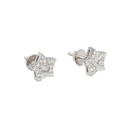 10k White Gold Lab Diamond Star Screw-Back Stud Earrings – Round & Baguette 0.38CT & 0.20CT VVS