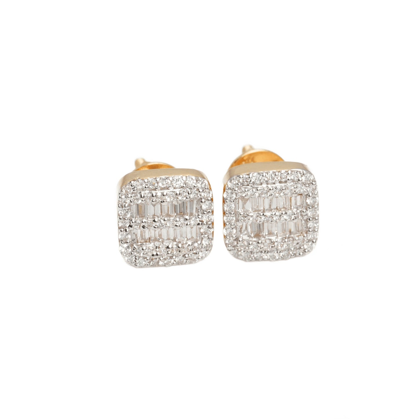 10k Two-Tone Gold Lab Diamond Square Screw-Back Stud Earrings – Round & Baguette 0.30CT & 0.22CT VVS